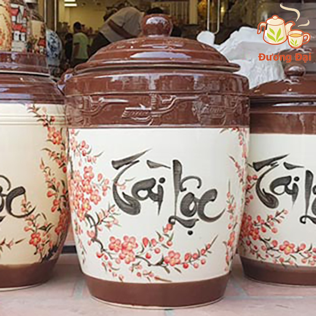 Hũ sành đựng gạo, đựng nước, Chum vò ngâm rươ.u tráng men chữ tài lộc hình con hạc Gốm Sứ Bát Tràng Đương Đại