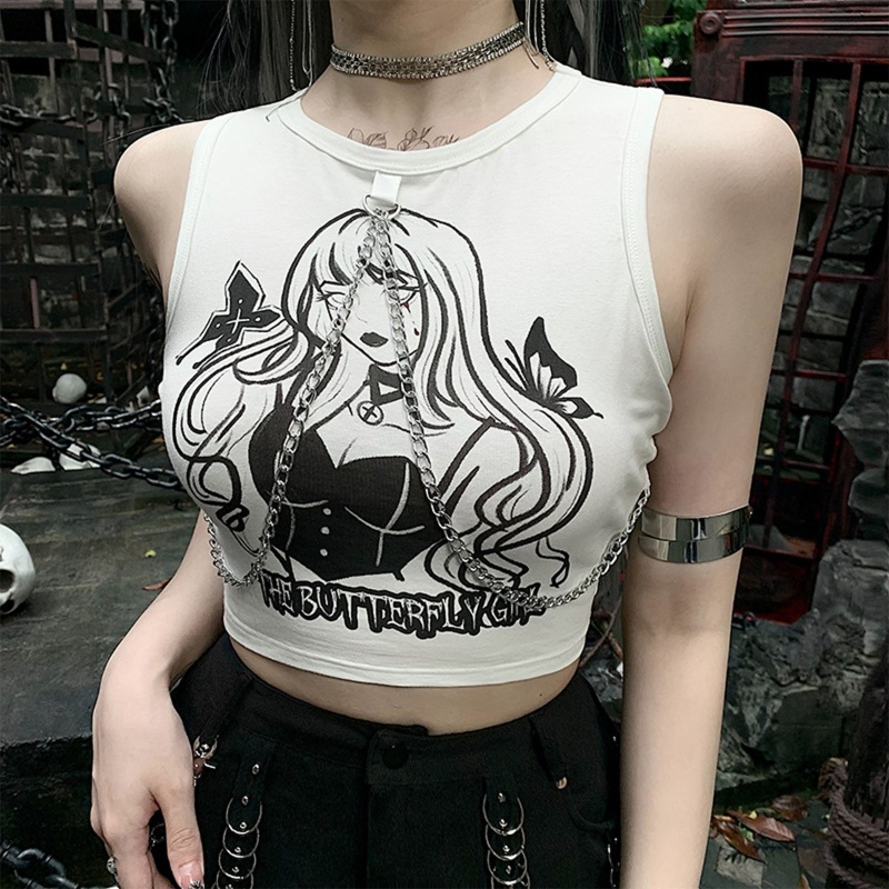 Brroa Áo Crop Top Dây Xích Hoạt Hình Gợi Cảm Dễ Phối Đồ Thời Trang Mùa Hè Cho Nữ