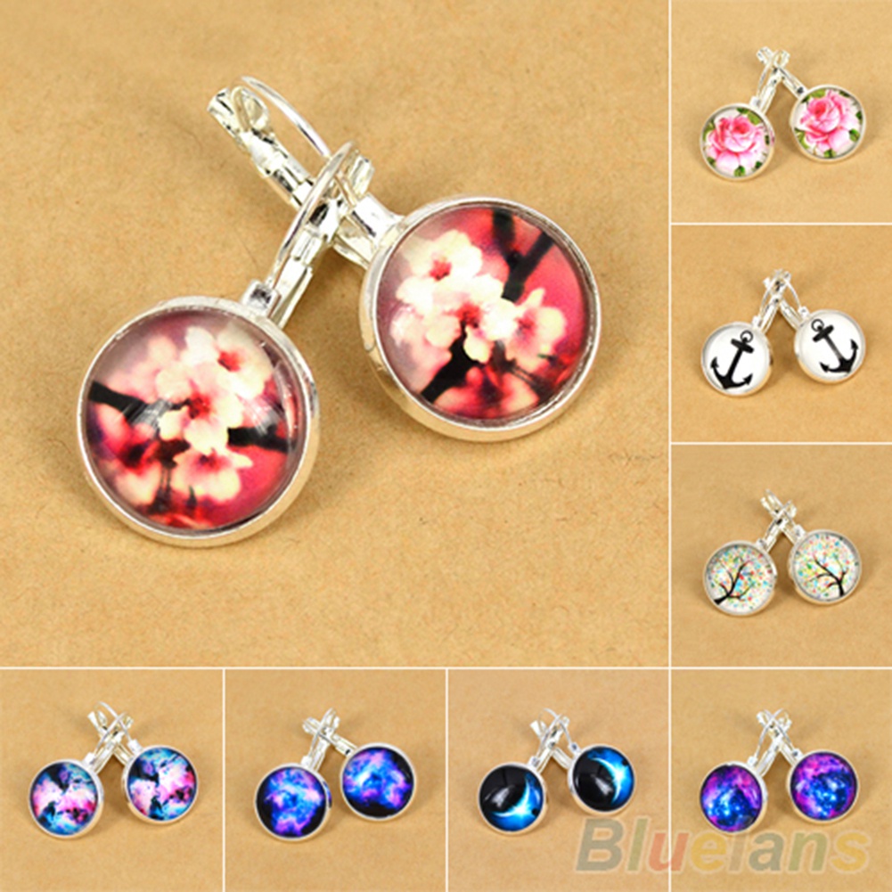 Khuyên tai mạ bạc mặt tròn họa tiết thiên hà nhiều màu sắc đa dạng