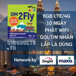 Sim Du Lịch Malaysia - Singapore - Brunei - Indonesia Sóng khỏe 6GB Max Speed 8 Ngày Hỗ Trợ Nghe Gọi 2fly