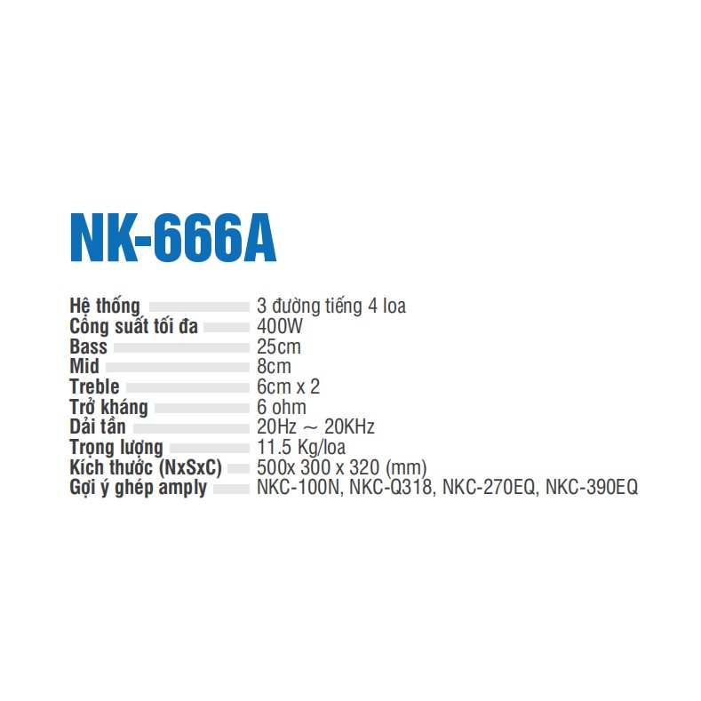 Loa treo NIKOCHI NK-666A - Hệ thống 3 đường tiếng 4 loa, Công suất tối đa 400W