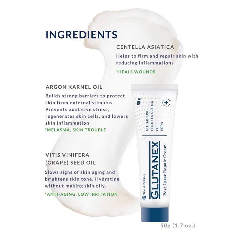 Kem phục hồi làm trắng sáng mờ đốm nâu GLUTANEX CICA CREAM Post Laser Repair Cream Nexus Pharma tube 50g