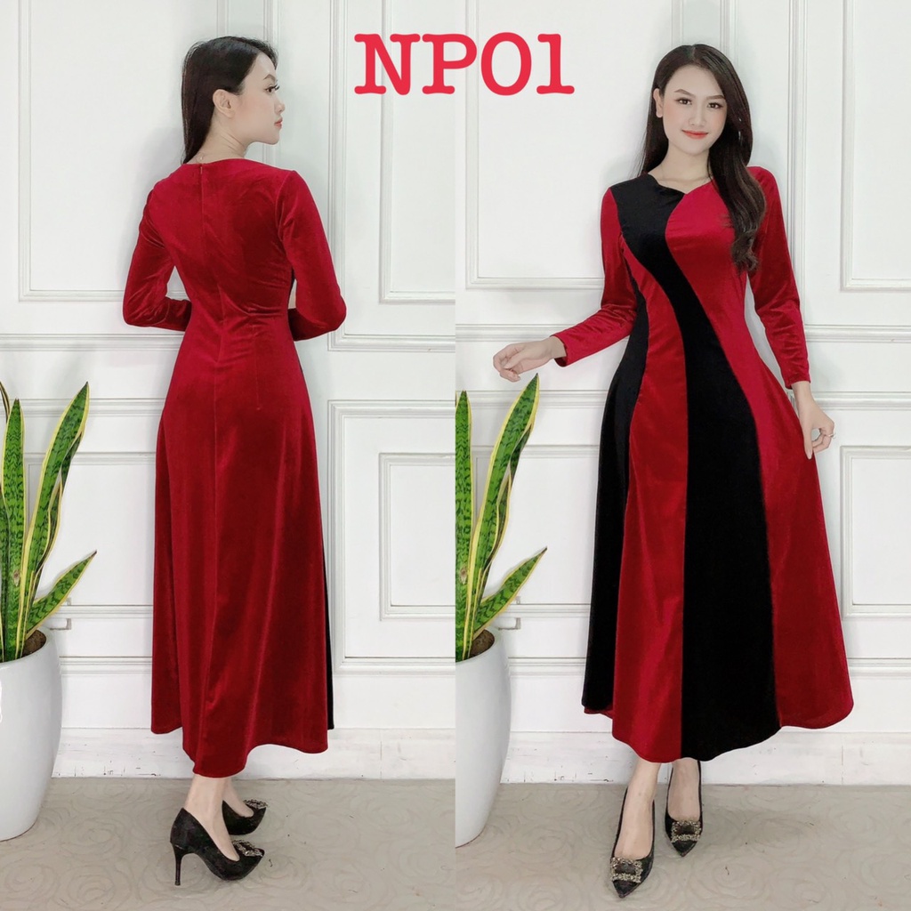 ĐẦM NHUNG TUYẾT TRUNG NIÊN CAO CẤP PHỐI MÀU SANG CHẢNH DỄ MẶC