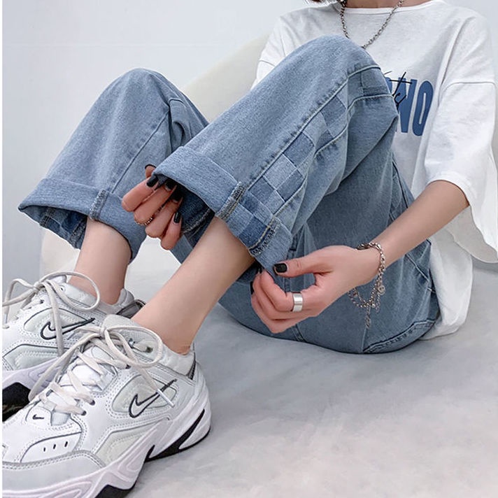 COZOK Quần Jean Ống Rộng Lưng Cao Họa Tiết Sọc Caro Năng Động Thời Trang