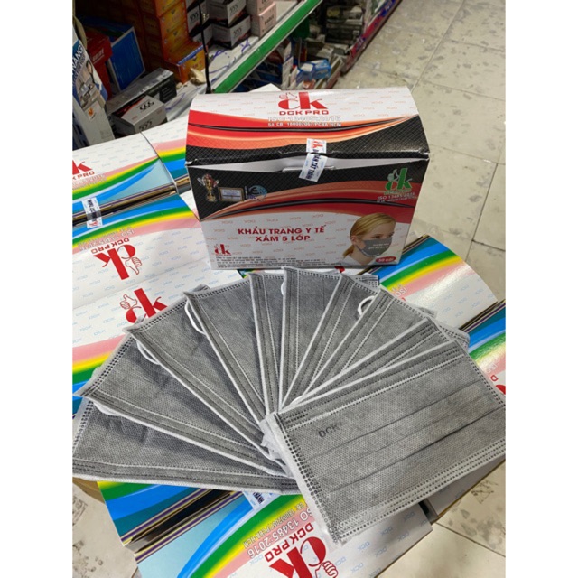 Khẩu trang y tế kháng khuẩn DCK Pro - Xám 5 lớp:( 1 hộp /50 cái )