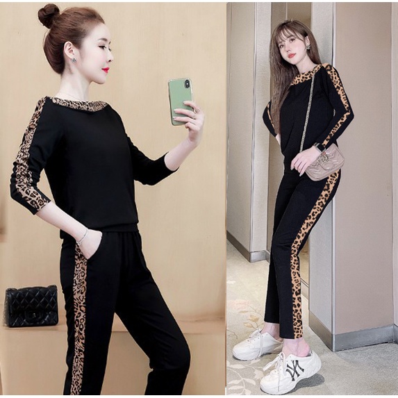 Set Bộ Thun Cotton Dài cổ Thuyền Viền Họa Tiết Bao