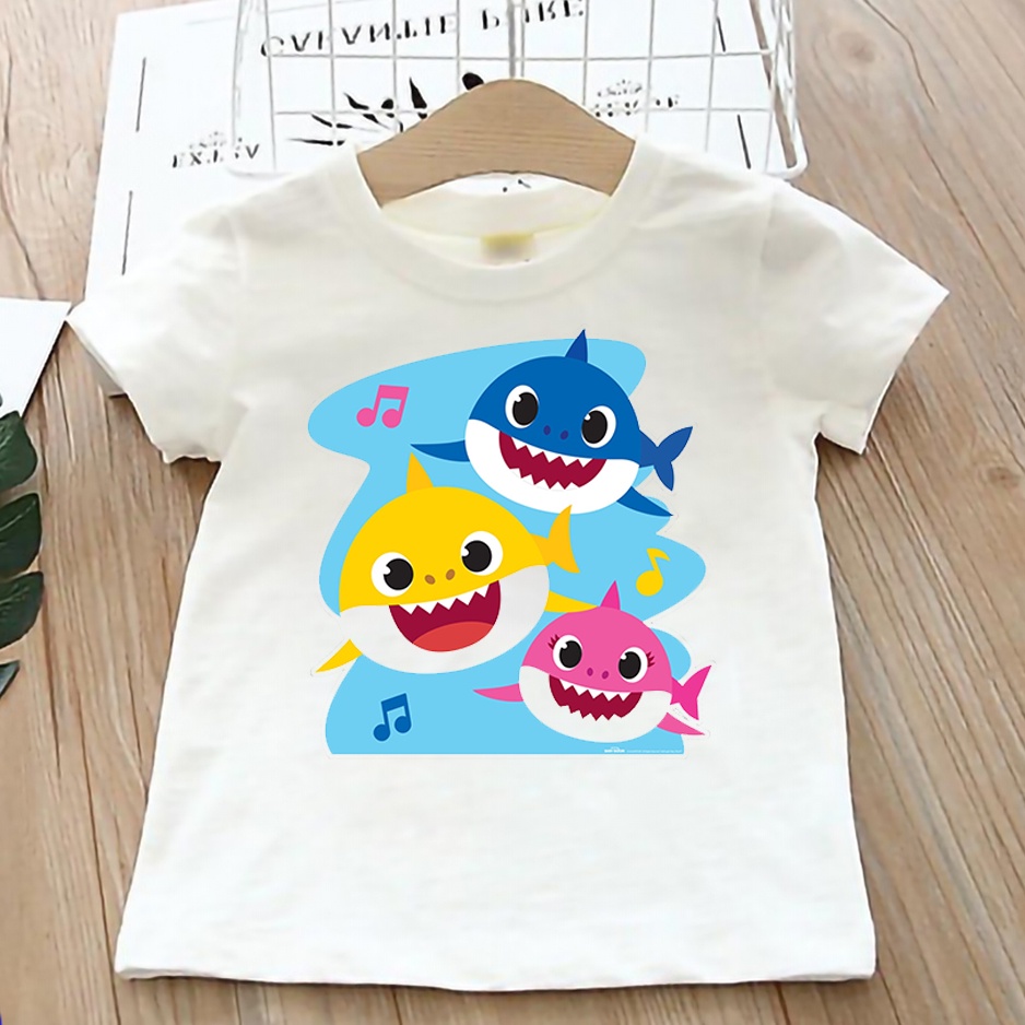 Áo thun cho bé tay ngắn vải cotton màu trắng Hạ Băng Designs - Baby Shark