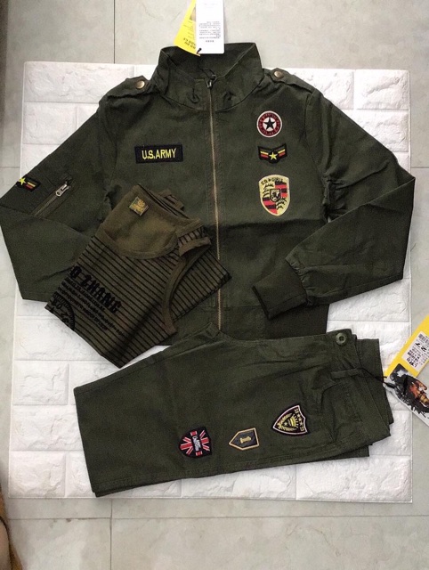 (click vào sản phẩm để xem thêm nhiều mẫu cùng loại) Set gồm áo khoác, áo ba lỗ và quần lính amry rằn ri/xanh giá 820k