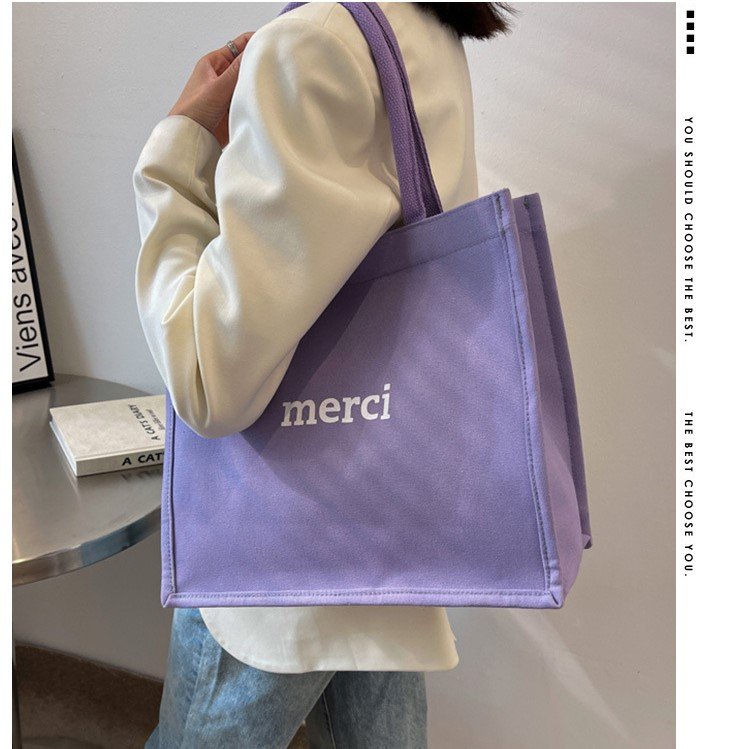 Túi tote vải canvas nữ đeo vai in chữ MERCI phong cách thời trang trẻ trung | BigBuy360 - bigbuy360.vn