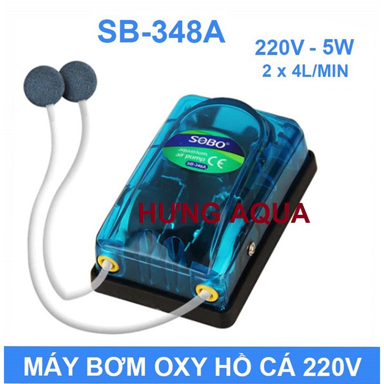 Máy sủi oxy bể cá RS/ SOBO/ VIPSUN 348A 2 vòi 5W nhỏ gọn tiết kiệm điện, chạy êm ái (combo phụ kiện)