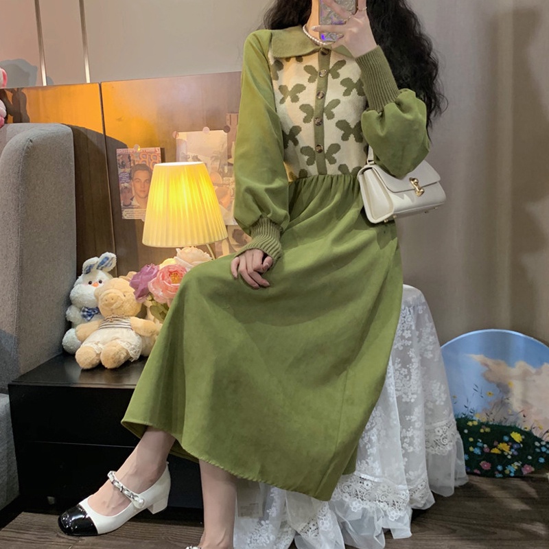 Váy Nhung Mix Len Thu Đông Ấm Áp Tay Bồng, Dáng Xòe Nhẹ