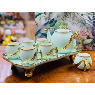 Bộ bình cốc sứ xanh kèm khay viền vàng cao cấp