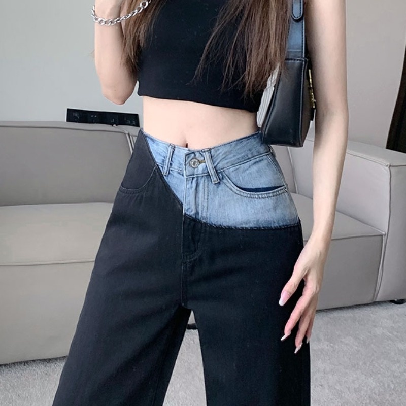 Quần jean lưng cao ống rộng phối màu sắc tương phản phong cách Hàn Quốc cá tính dành cho nữ