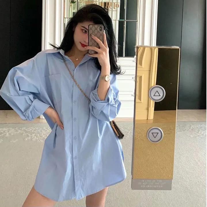 Áo Sơ Mi Nam Nữ Unisex Màu Xanh Trắng Basic Dài Tay Phom Rộng Dáng Dài Phong Cách Ulzzang Đi Làm Đi Chơi Đi Học