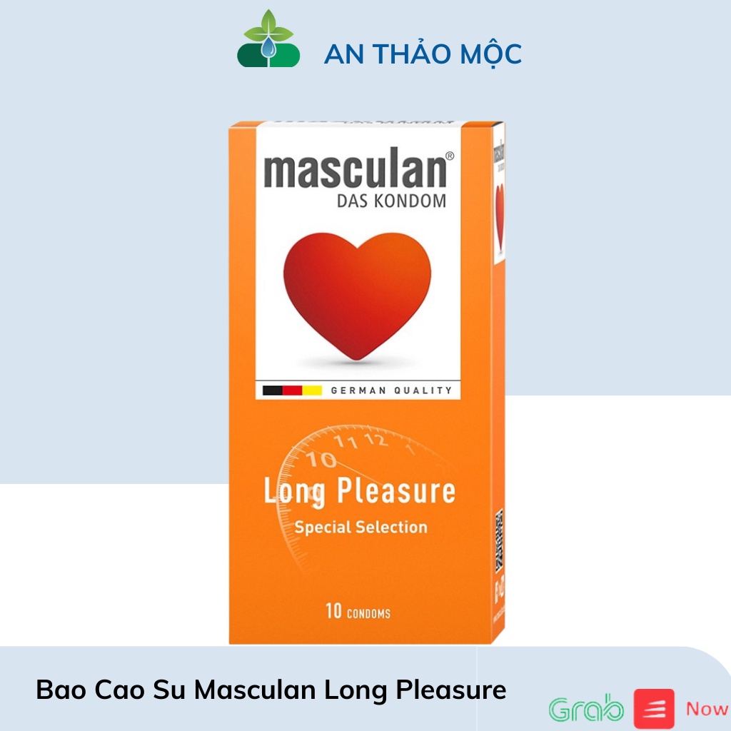 Bao cao su kéo dài thời gian có gân và chấm hạt Masculan Long Pleasure - Hộp 10 bao. anthaomoc