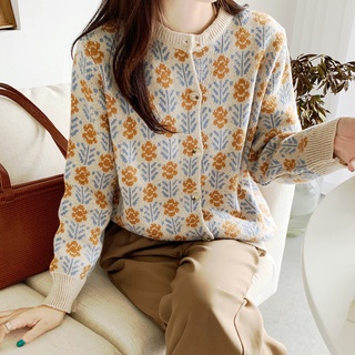 Áo khoác len cardigan cổ tròn họa tiết hoa phong cách Hàn Quốc sành điệu cho nữ