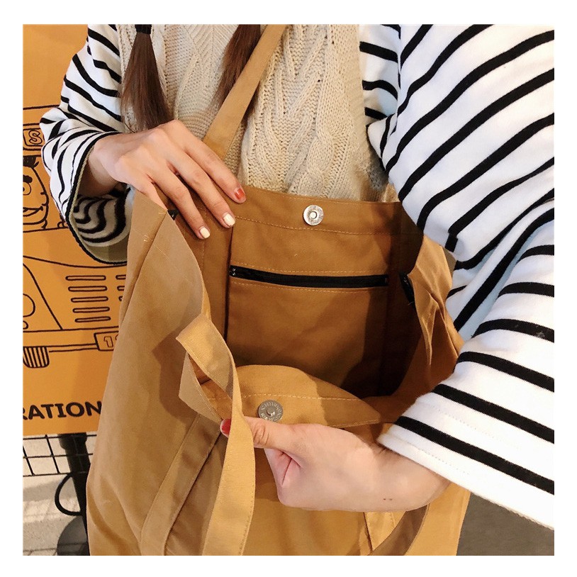 Túi tote vải nâu vintage brown đeo vai dải dây liền