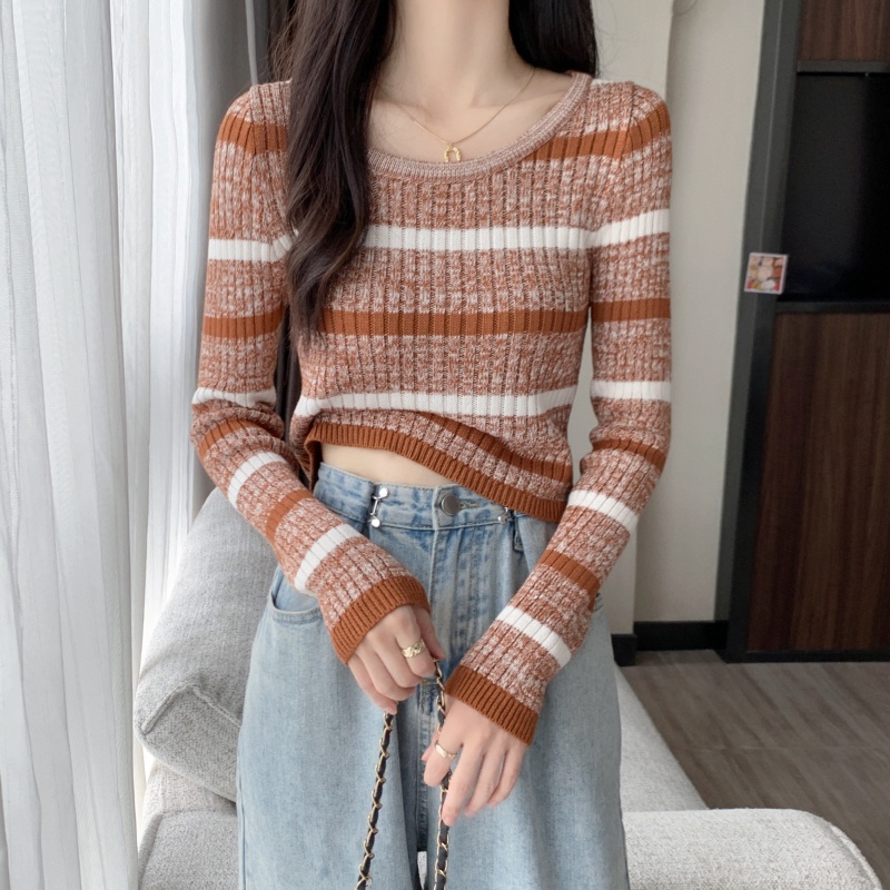 ZHELIHANGFEI Áo Len Tay Dài Form Ôm Họa Tiết Sọc Dễ Phối Đồ