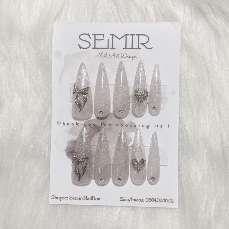 Nail Box thiết kế theo yêu cầu sơn mắt mèo kim cương đính charm nơ tim