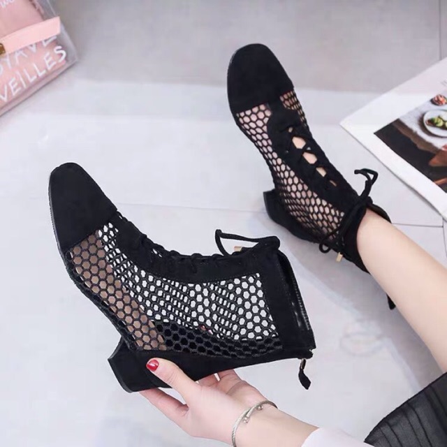 [ SẴN ĐEN S39 ] Boots lưới cổ thấp da lộn gót vuông 3cm