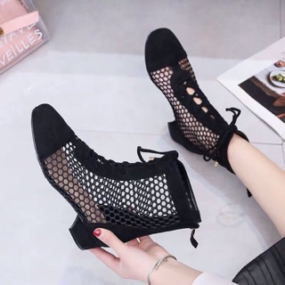 [ SẴN ĐEN S39 ] Boots lưới cổ thấp da lộn gót vuông 3cm