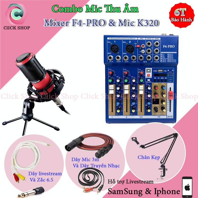 Combo Mic Livestream Mixer F4 PRO và Mic TAKSTAR PC K320 Chân Đế Dây Livestream Chế Dây Truyền Nhạc Dây mic 3m zắc 6.5