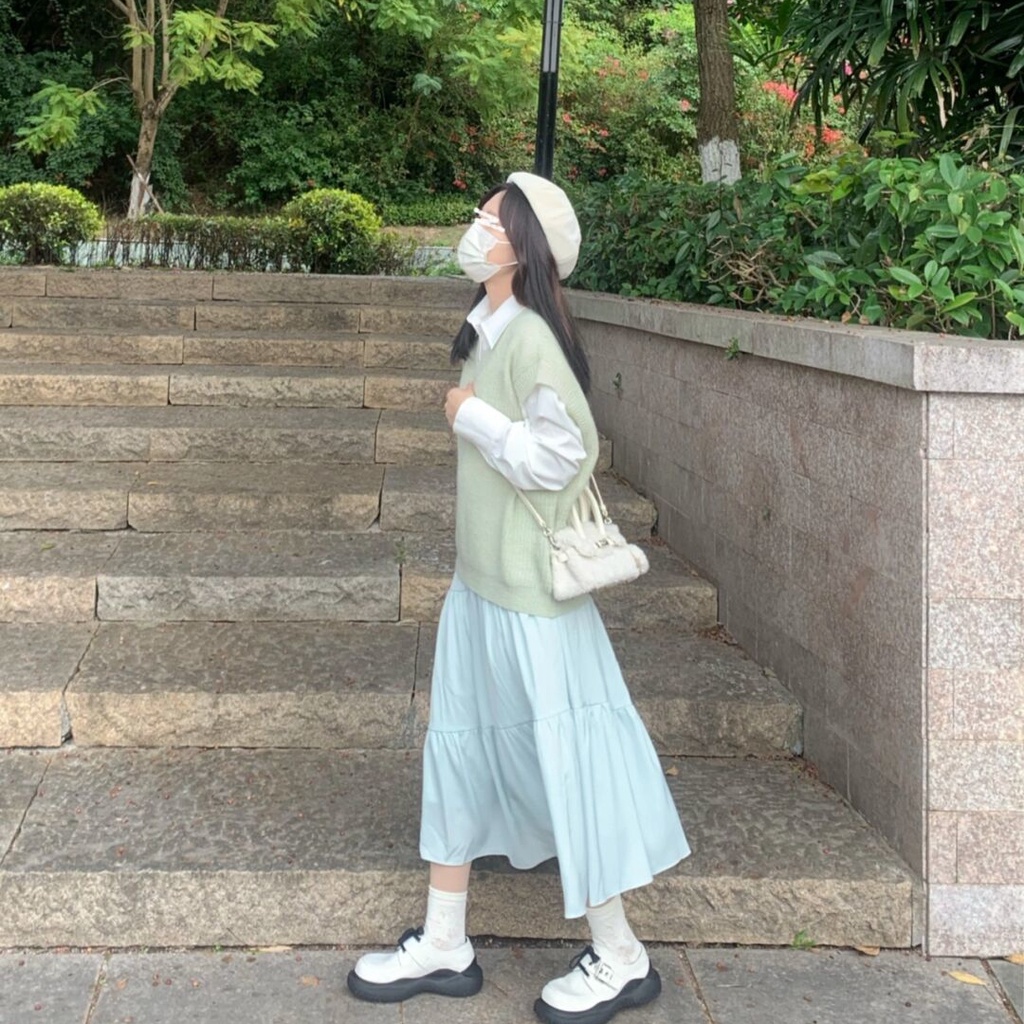 Bộ Áo Sơ Mi + Áo Vest Dệt Kim Thiết Kế Mới Trẻ Trung Cho Nữ