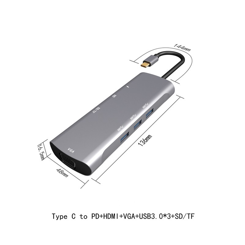 8 in 1 USB-C Hub Type-C to HDMI VGA USB 3.0 TF Card Reader
