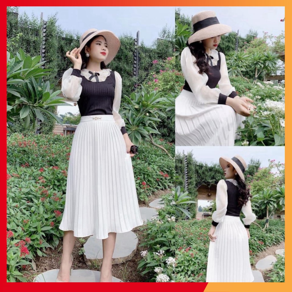 XƯỞNG SỈ sét váy thiết kế áo đen phối chân váy trắng S1718_ kèm ảnh thật độc quyền