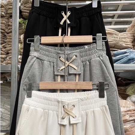 Quần culottes nỉ nữ ống suông cạp chun phối đan dây SIÊU HOT