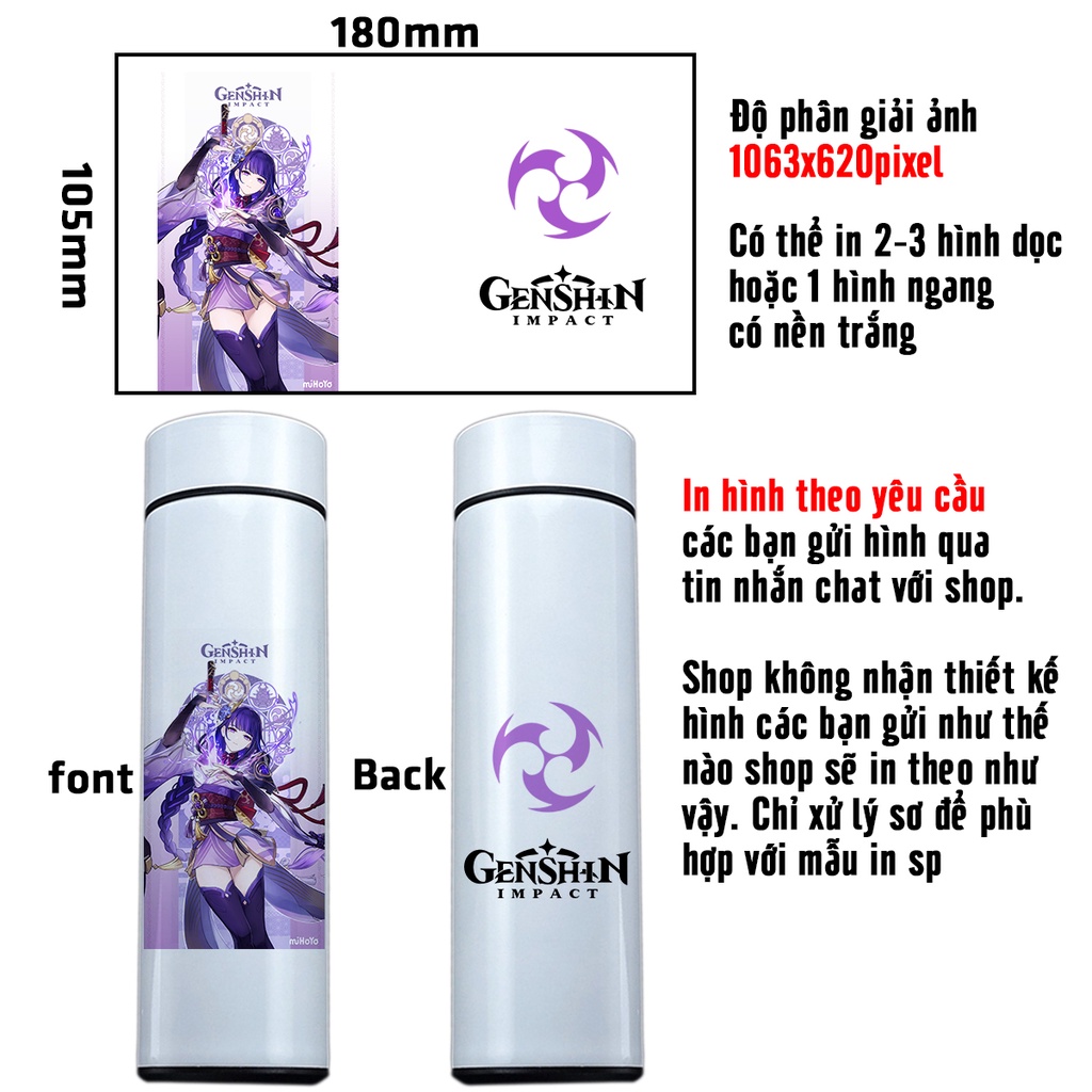 Bình giữ nhiệt Genshin Impact Inox 304 nắp có đèn LED hiển thị nhiệt độ nước có thể in theo yêu cầu hình anime Game idol
