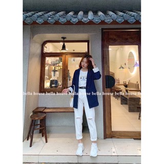 áo blazer xanh than tay phối kẻ