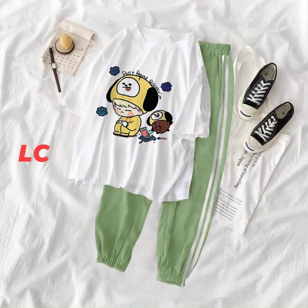 Set Quần Jogger Kèm Áo Phông Chibi - Rere.Store [FREESHIP] - Combo áo thun tay lỡ in hoạt hình kèm quần ống bó Ulzzang