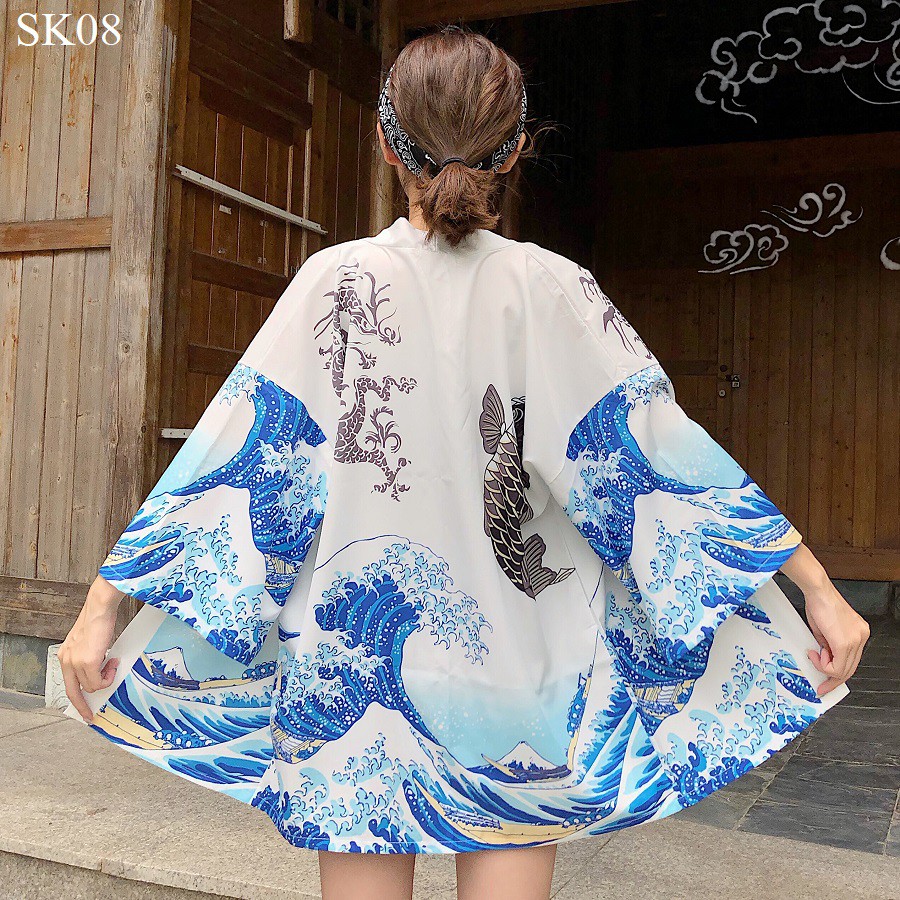 Áo Haori Sakura Cá Chép Sóng trắng Siêu Chất , hàng cao cấp, mã SK08