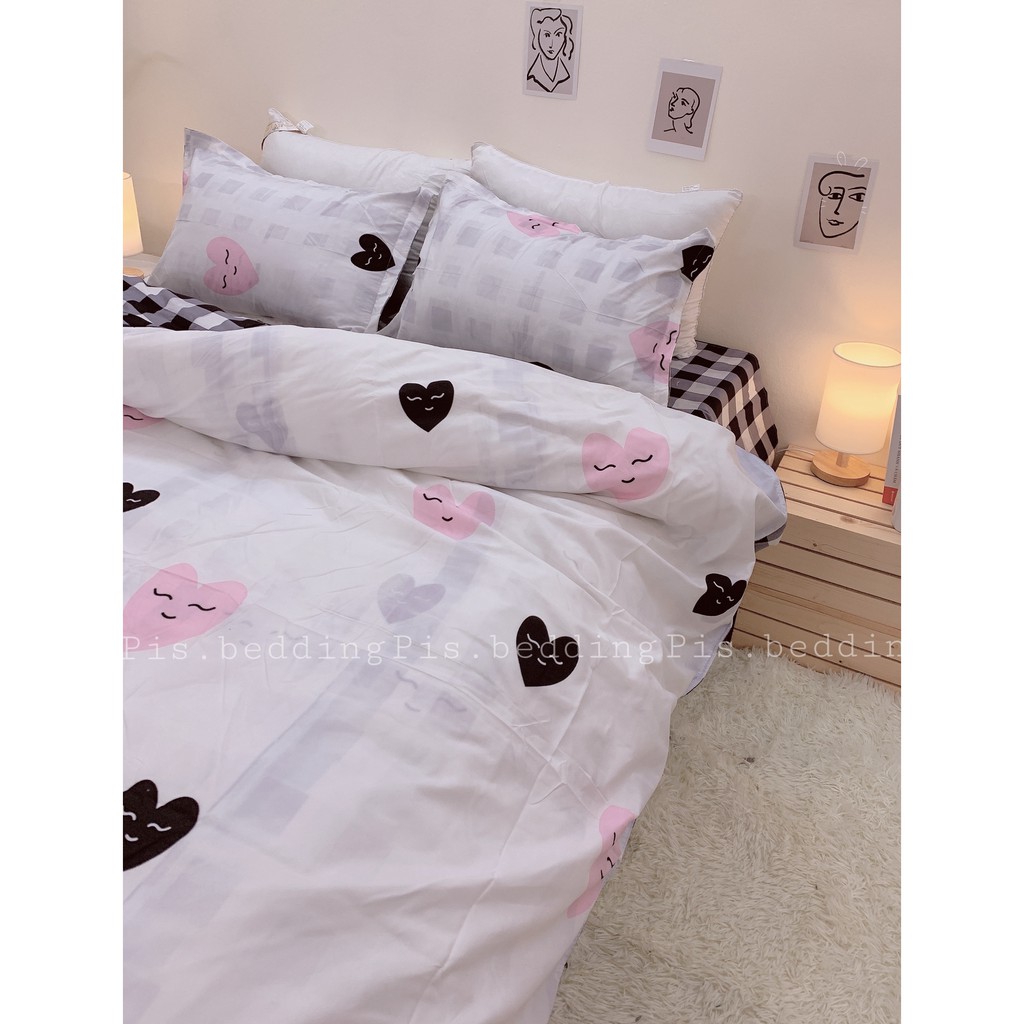 Bộ Chăn Ga Gối Cotton Tim Hồng Caro