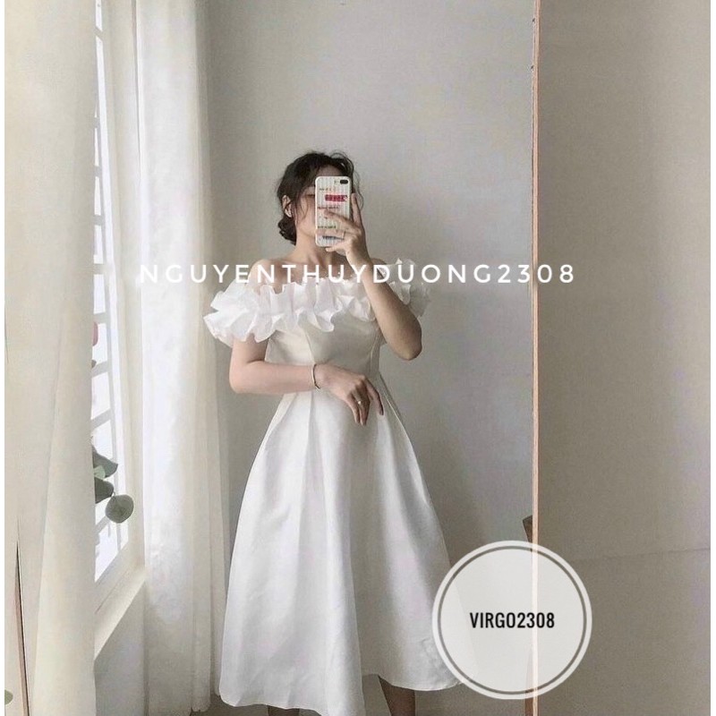 [Ảnh thật/Sẵn]Váy bèo trễ vai trắng có đệm ngực tiểu thư/Đầm dự tiệc trắng xinh xắn