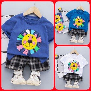 SET ÁO THUN BÉ TRAI, ÁO PHÔNG BÉ TRAI, ÁO THUN COTTON TRẺ EM HÌNH SƯ TỬ QUẦN CARO CHO BÉ TRAI SIZE TỪ 1 - 4 TUỔI