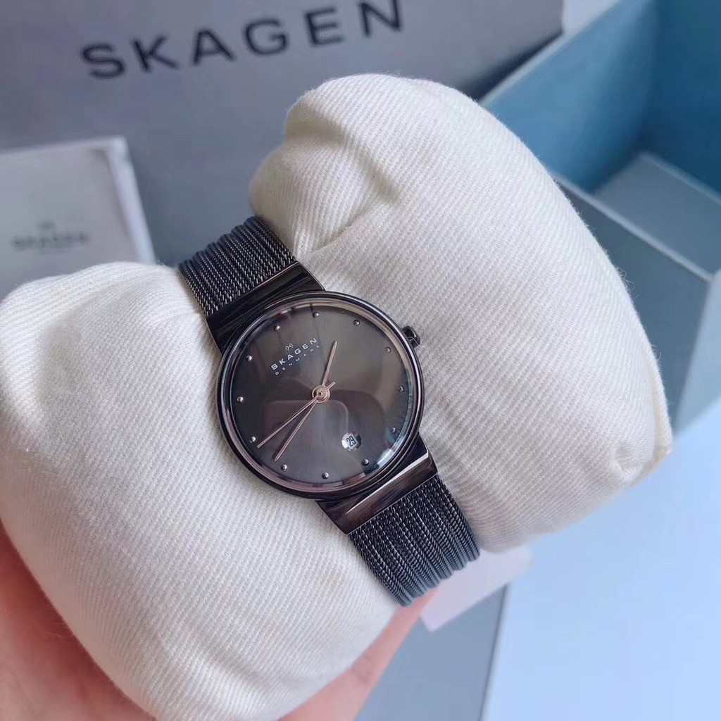 Đồng hồ nữ skagen 355smm1 , dây thép kiểu lưới , màu đen , size 28mm