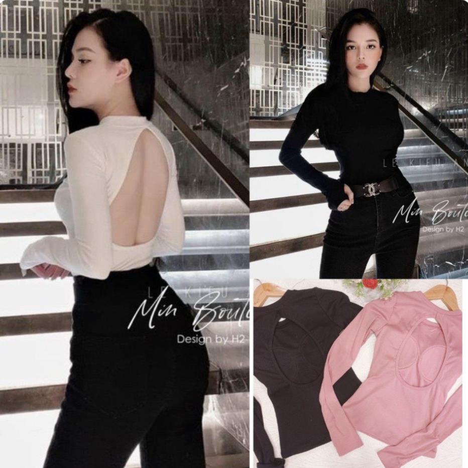 Áo Thun Nữ Kiểu Hở Lưng Tay Dài Có Kèm Mút Ngực-Áo Khoét Hở Lưng Cổ Tròn Gợi Cảm Sexy Ôm Body Màu Trắng Đen Hàn Quốc ་