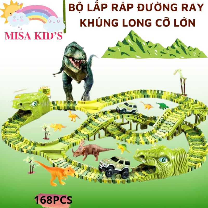 Đường đua khủng long, bộ đồ chơi lắp ráp đường đua ô tô cỡ lớn cho bé 240 chi tiết, đồ chơi trí tuệ MISA KIDS