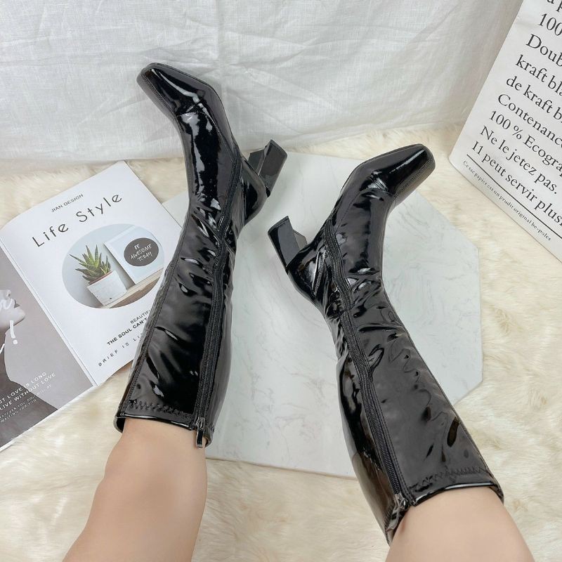 Boots gối da bóng khoá cạnh form đẹp đem kem