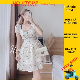 [Hoả Tốc HCM] Đầm đi tiệc xếp tầng cột nơ eo, váy voan hoa nhí tay ngắn cổ viền có lót kèm mút - Maxi HQ store