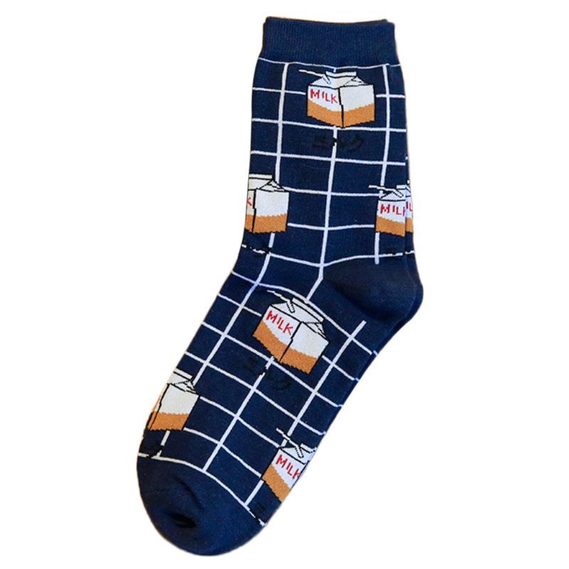 Xiangbao Vớ Cotton Dài In Họa Tiết Hộp Sữa Hoạt Hình Kẻ Sọc Caro Cho Nữ