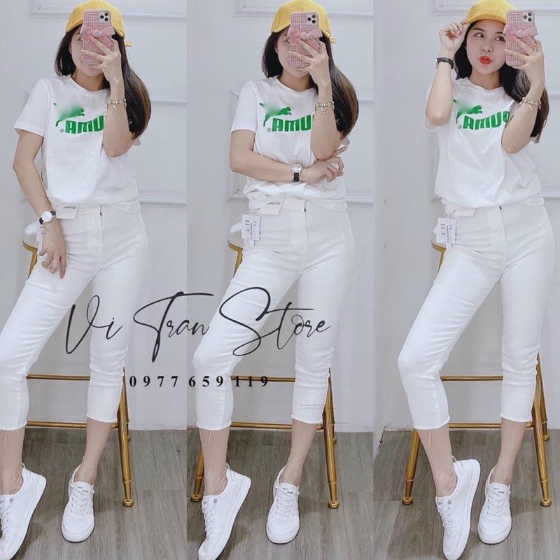 Áo thun giấy form rộng in chữ P M tay ngắn cổ tròn