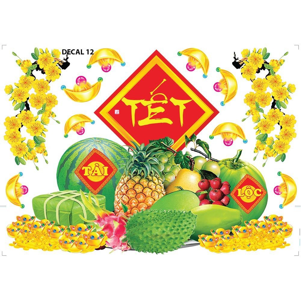 Decal trang trí tết kèm họa tiết nổi MÂM HOA QUẢ MẪU 12