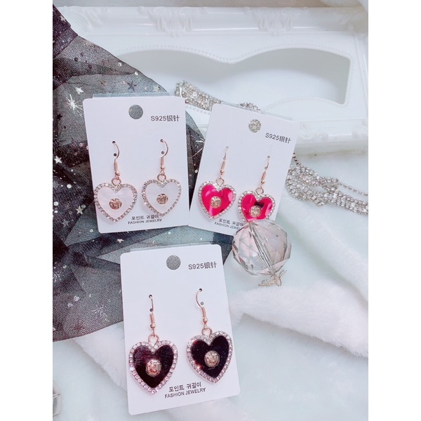 bông tai hình tim màu sắc, khuyên tai màu đính đá sang chảnh phong cách hàn quốc