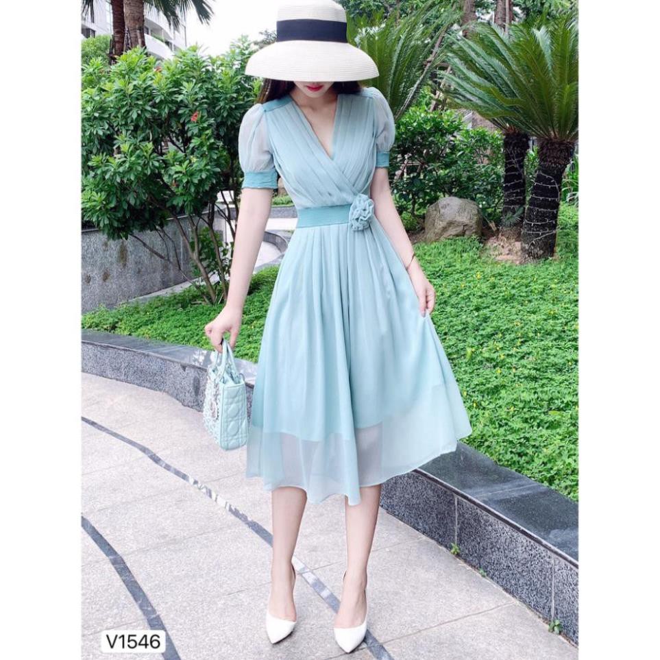 Váy nữ 💗 Đẹp DVC ❤️ Đầm xanh xếp ly V1546 | BigBuy360 - bigbuy360.vn