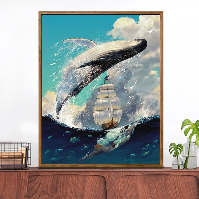 bức tranh tườngkỹ thuật số sơn dầu phòng khách tự làm ngủ lớn vẽ tay màu động vật bức tranh trang trí treo cá voi lên kh