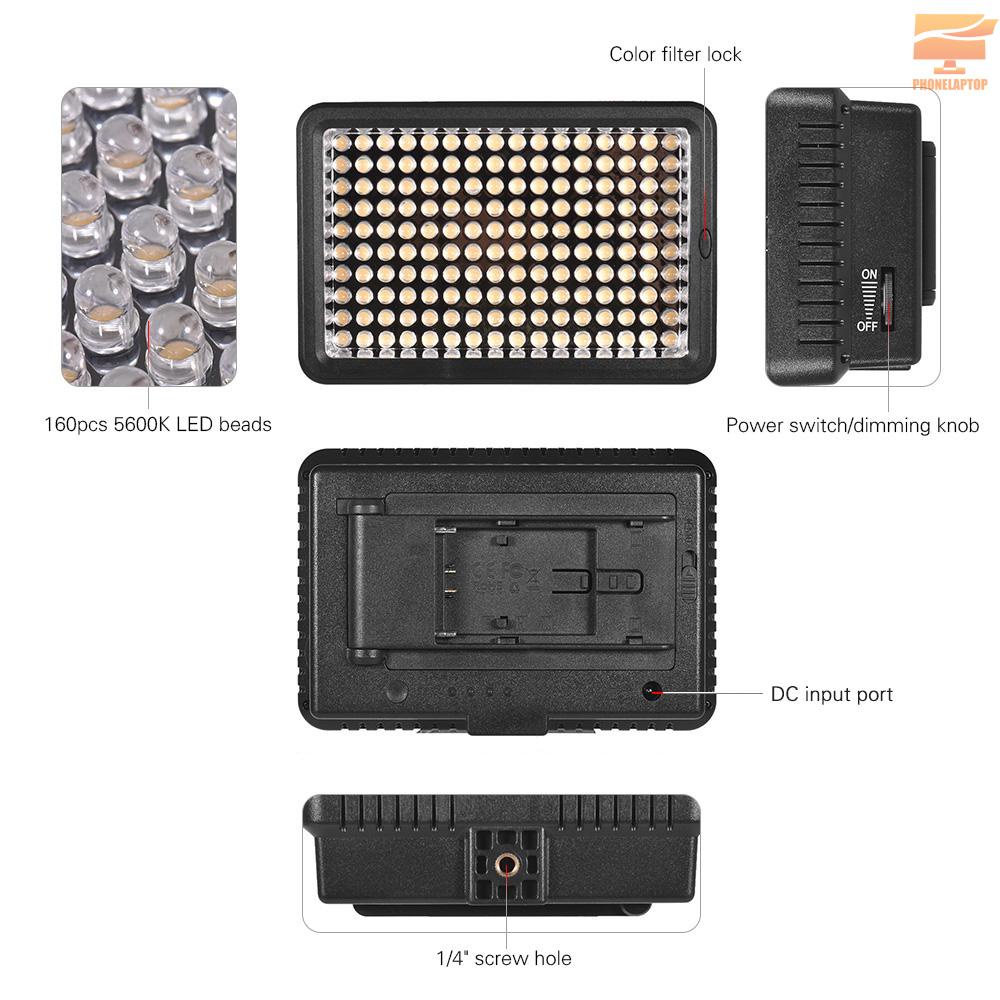 Lapt Professional Dimmable Ultra High Power LED Video Light 5600K Photography Fill Light 160 LEDs Beads CRI 95+ with Color Filters for Canon Nikon Sony Pentax Olympus DSLR Camera Camcorder