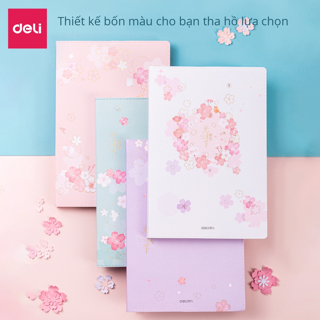 Sổ tay ghi chép Deli bìa da khâu gáy khổ 16K/32K 192 trang Hình hoa anh đào Sakura nhiều màu giấy kẻ ngang chống lóa mắt